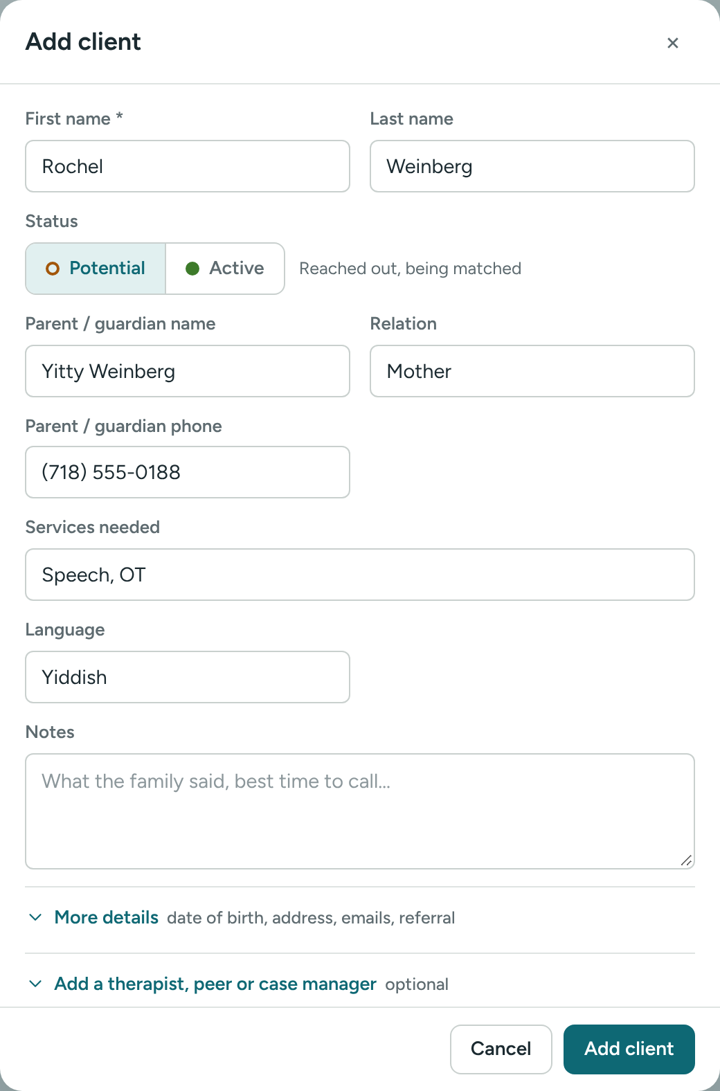 The Add client form for a potential client