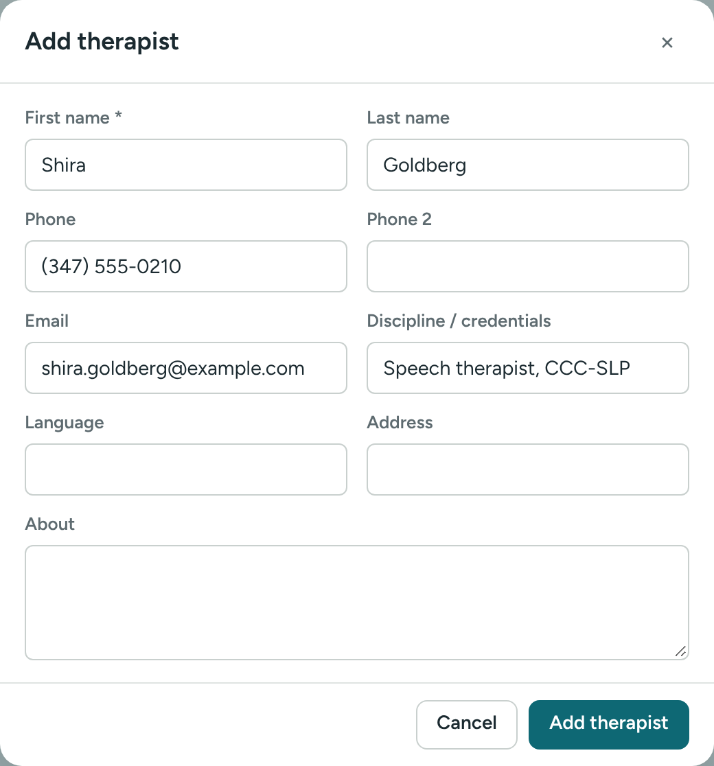 The Add therapist form