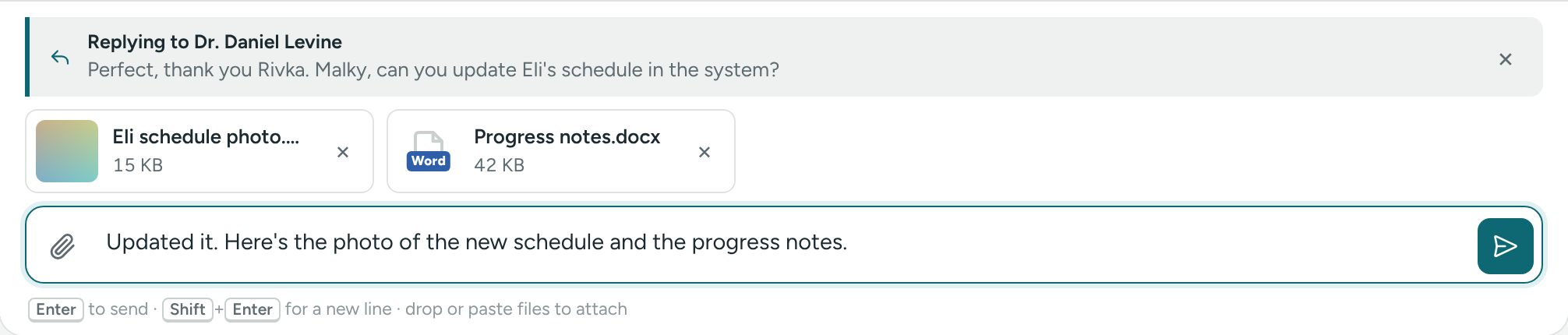 Files waiting to be sent above the message box