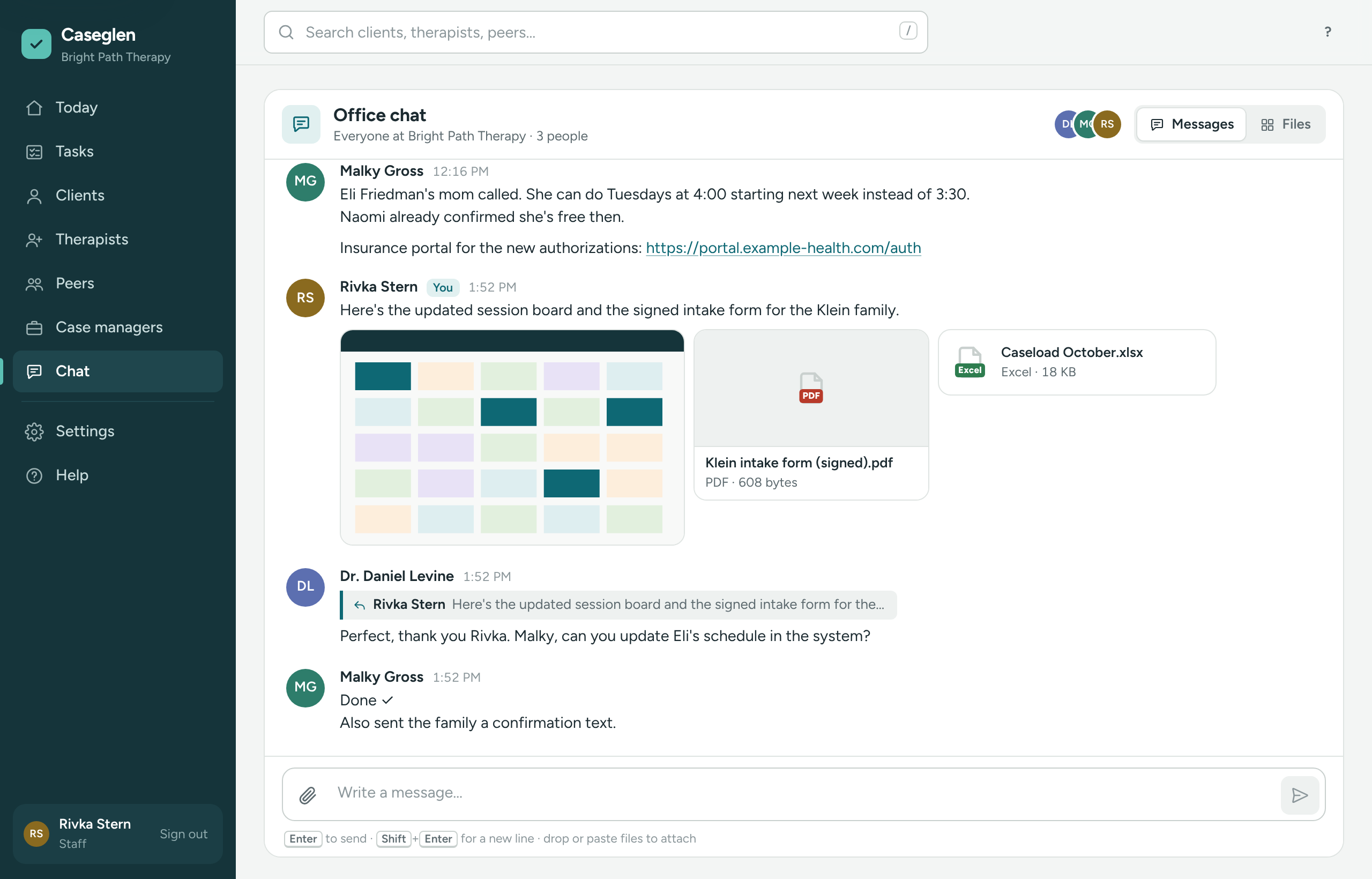 The office chat with messages, a reply and shared files