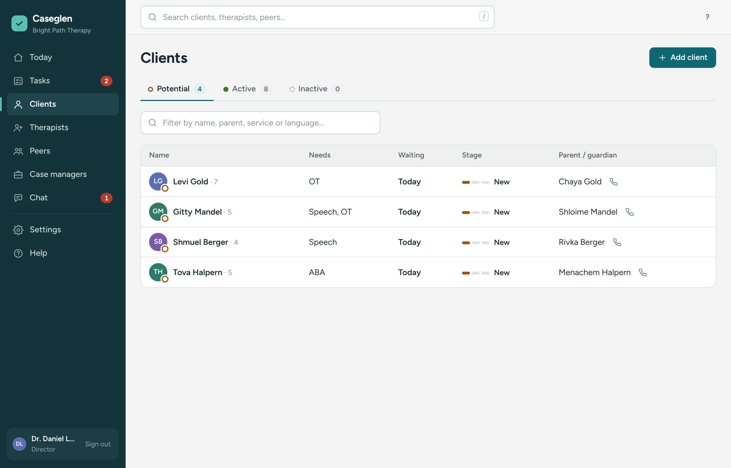 The Clients page with the Potential, Active and Inactive tabs
