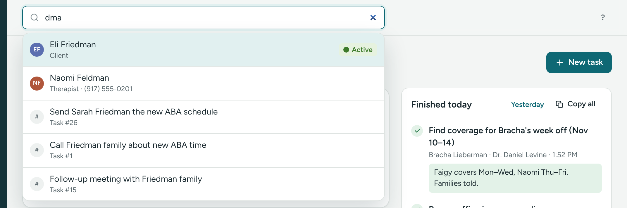 Search results while typing a name