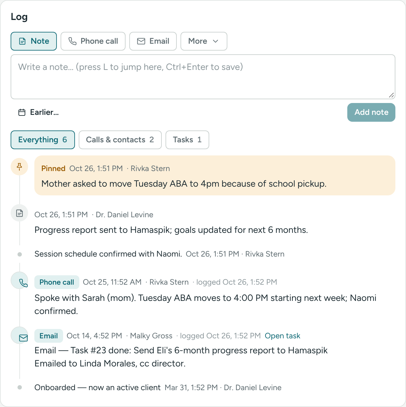 The Log with a logged call, a task line and a pinned note