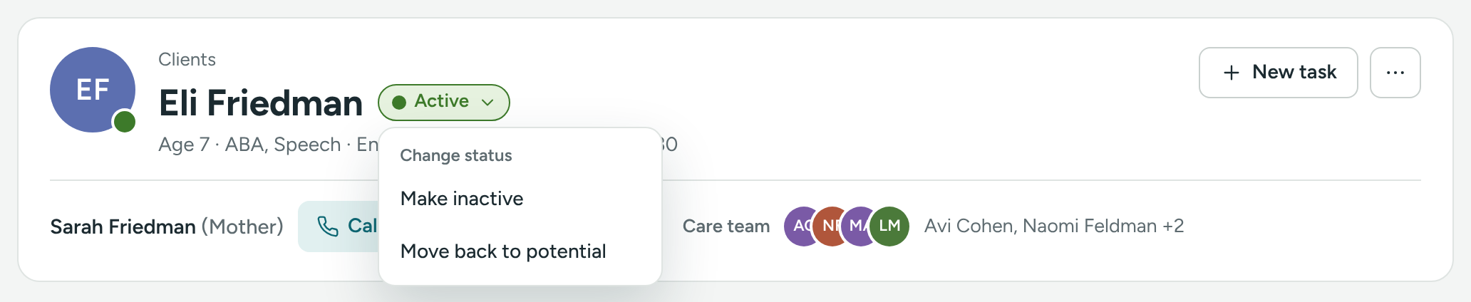 The status menu on a client's profile