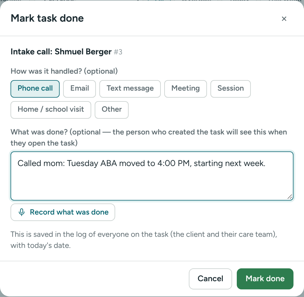 The Mark task done window
