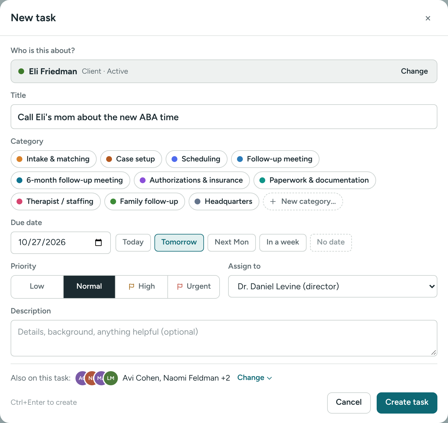 The New task window with a client picked