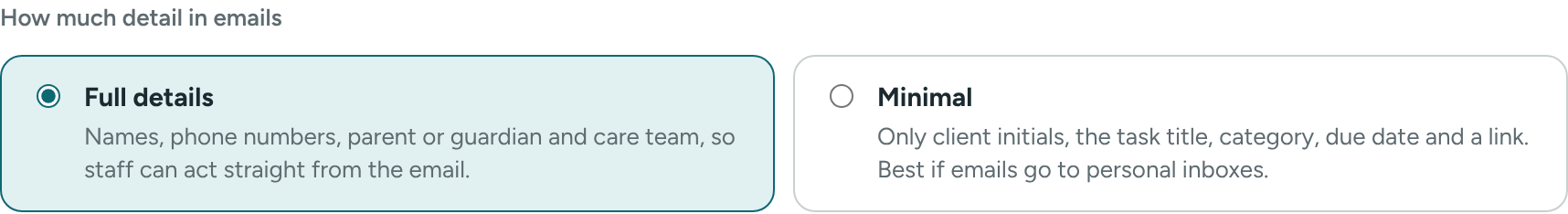 The email detail options