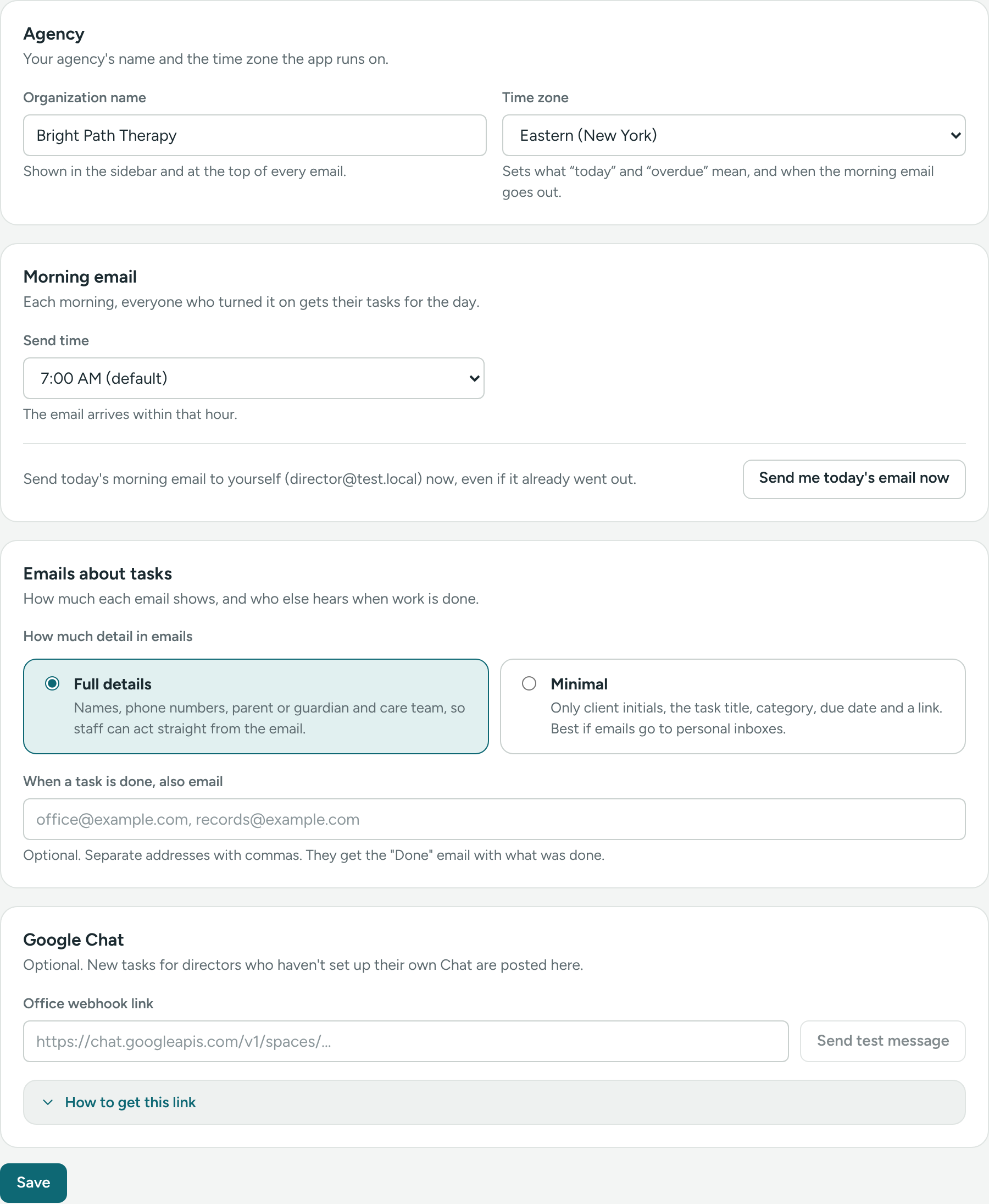 The Organization & emails tab