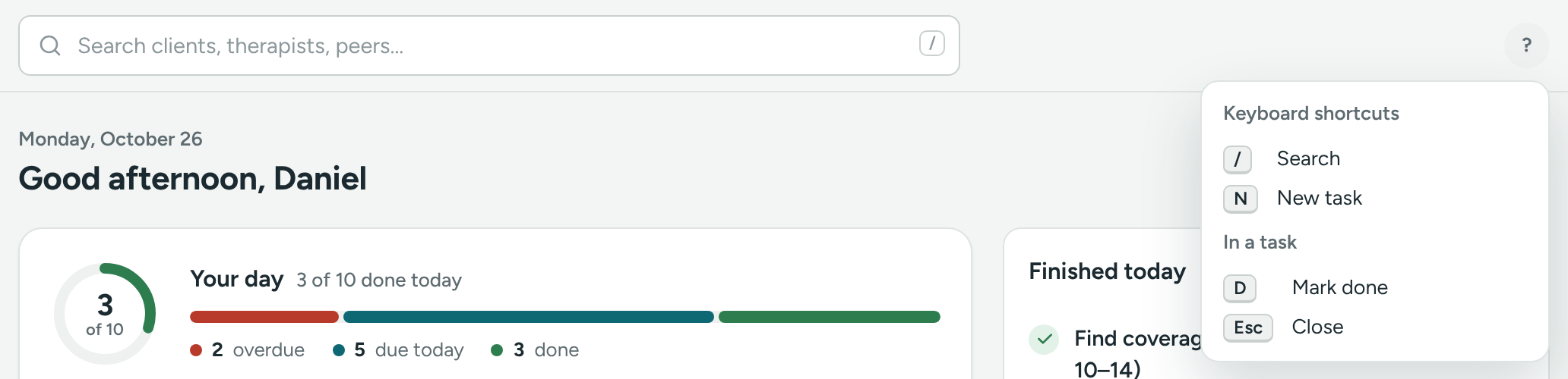 The keyboard shortcuts list under the ? button