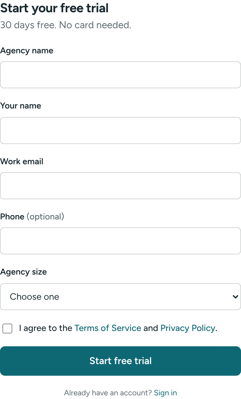 The free trial sign-up form