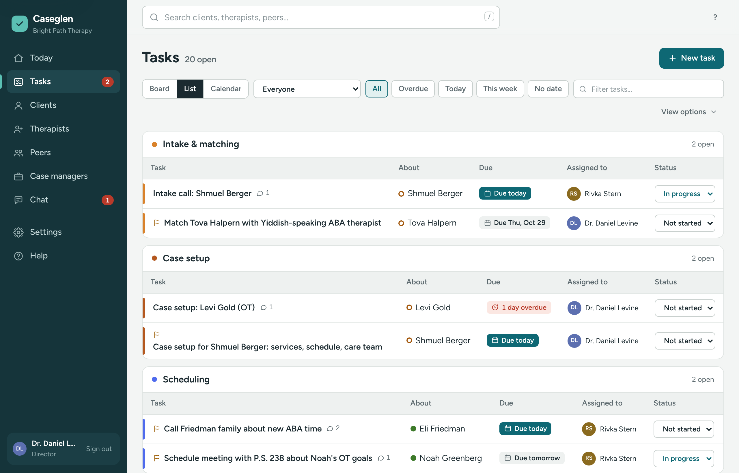 The List view grouped by category