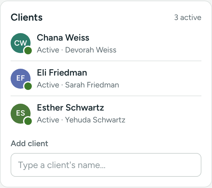 The Clients card on a therapist's profile