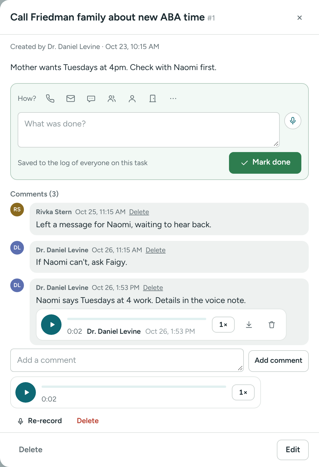 Recording a voice note in an open task